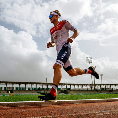 Kristian Blummenfelt wearing his custom Aero 3.0 speedsuit from trimtex