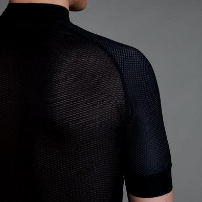 Close-up of a Trimtex Ace Short Race Suit's ski suit's back. You can see the mesh fabric for ventilation on the back.