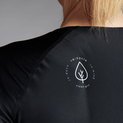 Closeup of the back of the Drive triathlon shirt showing the