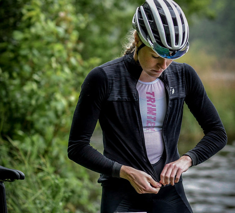 Triathlete Lotte Miller wearing Trimtex Victory cycling jacket 