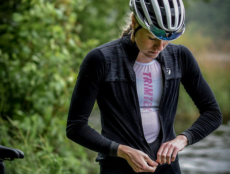 Triathlete Lotte Miller wearing Trimtex Victory cycling jacket 