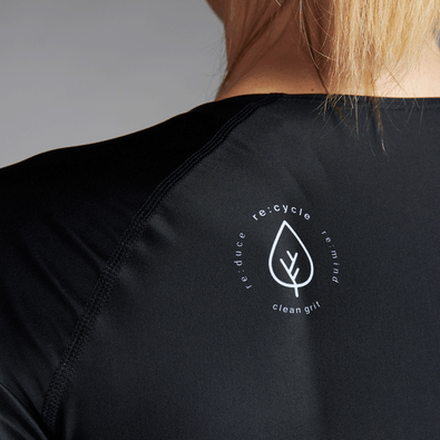 Closeup of the back of the Drive triathlon shirt showing the 